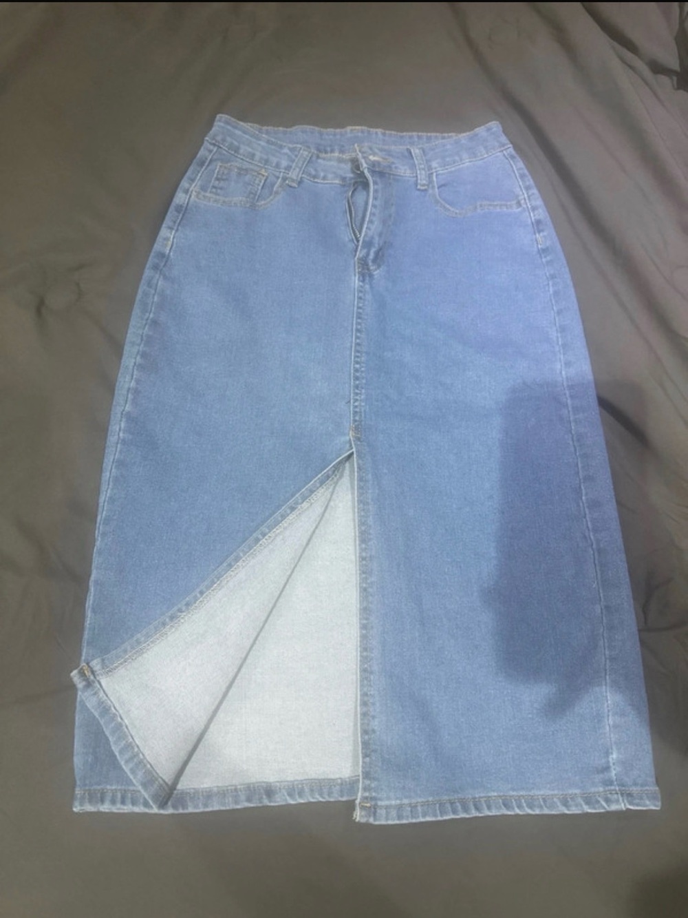 Light Blue Denim Midi Skirt with Front Slit